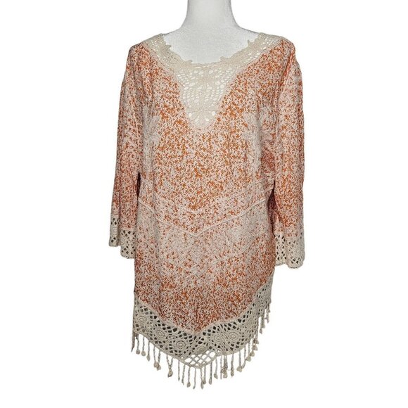 Solitaire Tops - Solitaire size XL White Orange Floral Crochet Trim Cottagec Fringe Solitaire Top